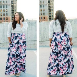 NWOT Hazel Blues | Brooklyn Striped 3/4 Sleeve Floral Maxi Dress | Sz S